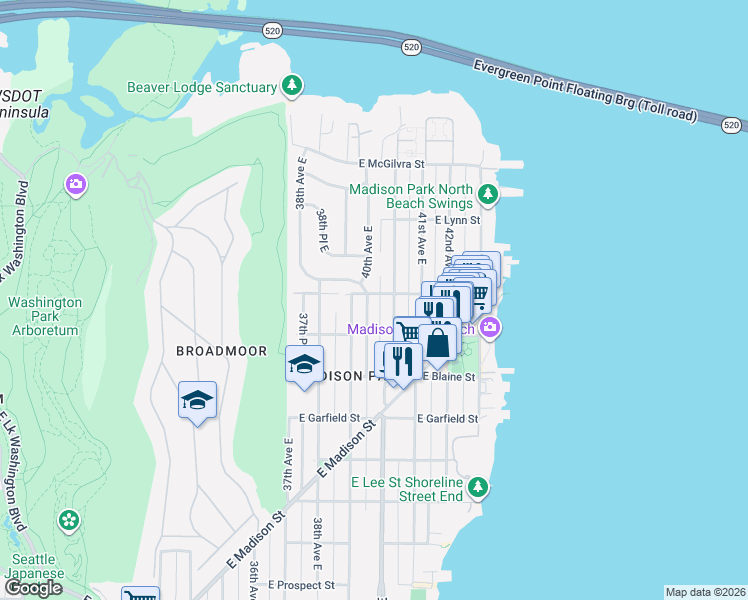 map of restaurants, bars, coffee shops, grocery stores, and more near 2000 40th Avenue East in Seattle