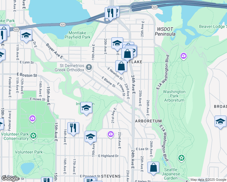map of restaurants, bars, coffee shops, grocery stores, and more near 2228 East Blaine Street in Seattle