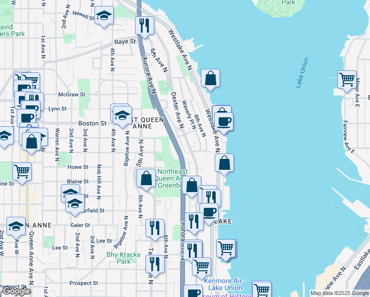 map of restaurants, bars, coffee shops, grocery stores, and more near 2007a Dexter Avenue North in Seattle