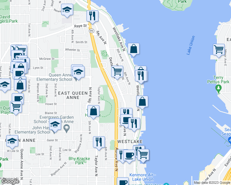 map of restaurants, bars, coffee shops, grocery stores, and more near 2007a Dexter Avenue North in Seattle