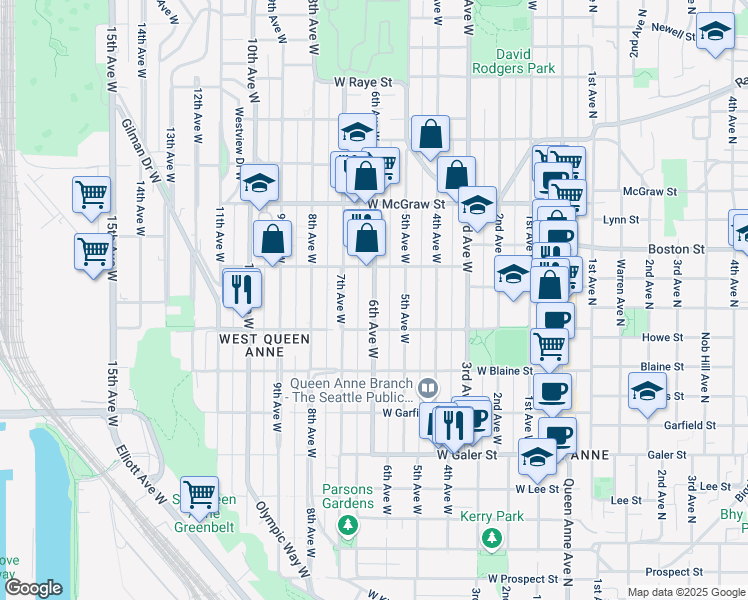 map of restaurants, bars, coffee shops, grocery stores, and more near 1935 6th Avenue West in Seattle