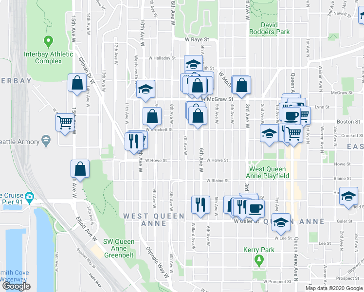 map of restaurants, bars, coffee shops, grocery stores, and more near 1933 7th Avenue West in Seattle