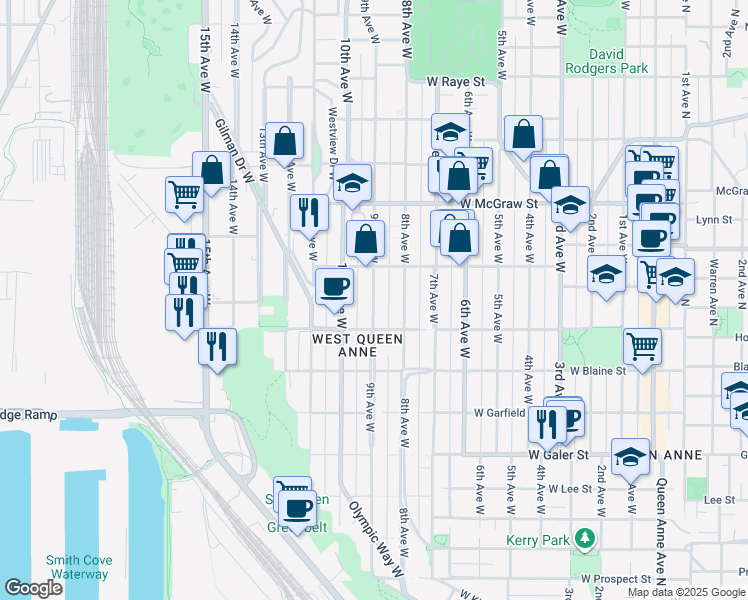 map of restaurants, bars, coffee shops, grocery stores, and more near 1936 9th Avenue West in Seattle