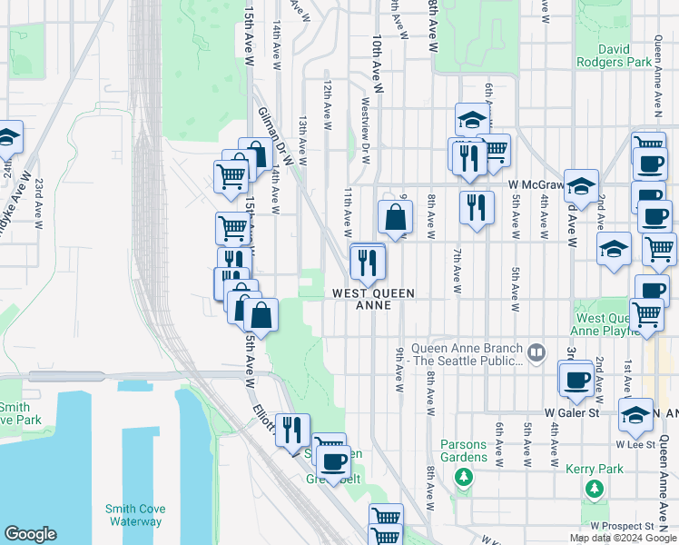 map of restaurants, bars, coffee shops, grocery stores, and more near 1930 11th Avenue West in Seattle