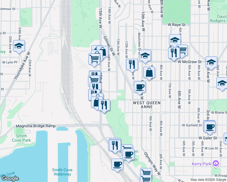 map of restaurants, bars, coffee shops, grocery stores, and more near 2010 14th Avenue West in Seattle