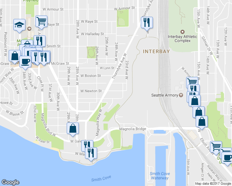 map of restaurants, bars, coffee shops, grocery stores, and more near 2338 West Newton Street in Seattle