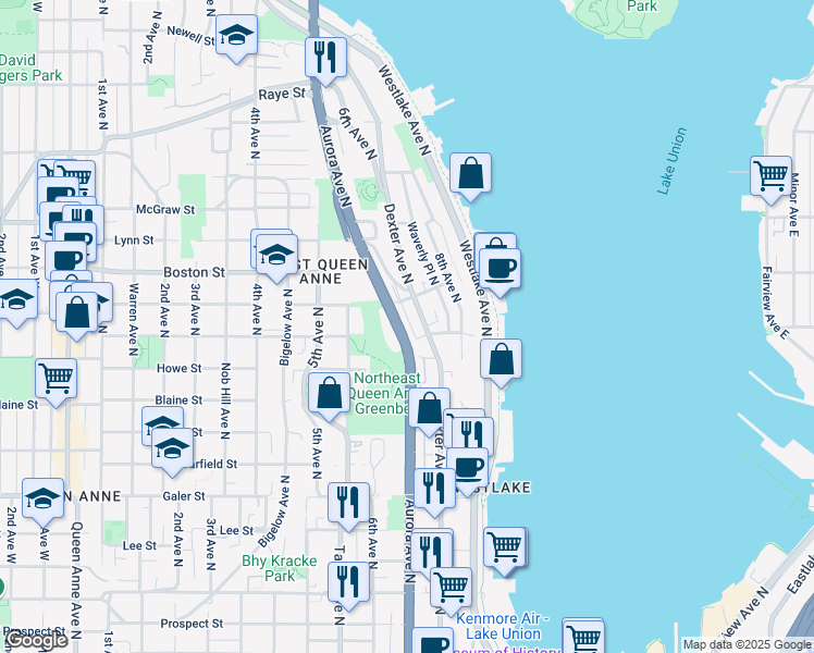 map of restaurants, bars, coffee shops, grocery stores, and more near 2007a Dexter Avenue North in Seattle