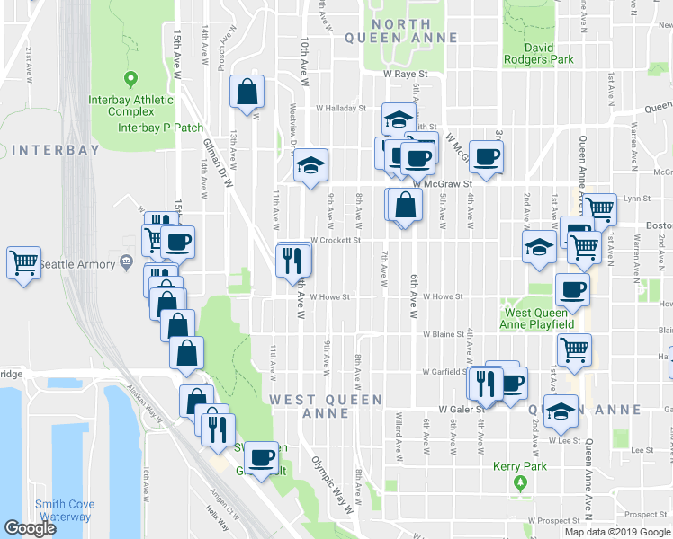 map of restaurants, bars, coffee shops, grocery stores, and more near 1928 9th Avenue West in Seattle