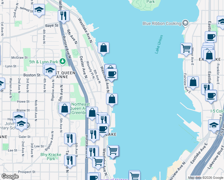 map of restaurants, bars, coffee shops, grocery stores, and more near 2000 Westlake Avenue North in Seattle