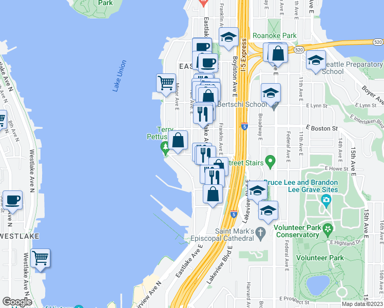 map of restaurants, bars, coffee shops, grocery stores, and more near East Newton Street & Yale Avenue East in Seattle