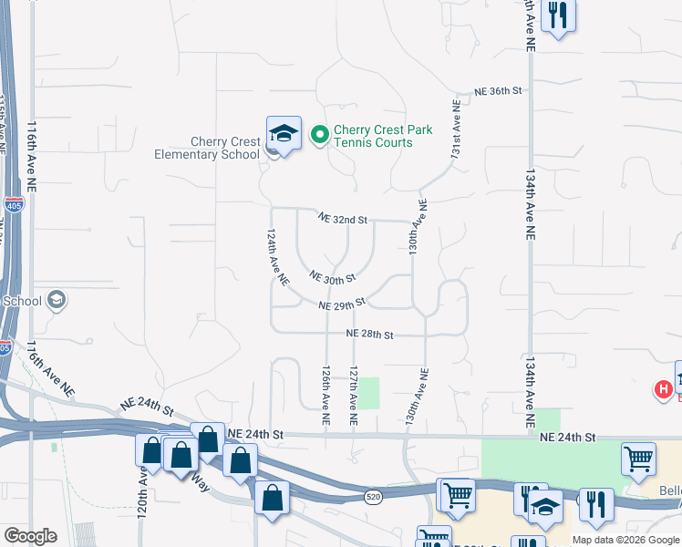 map of restaurants, bars, coffee shops, grocery stores, and more near 12608 Northeast 30th Street in Bellevue