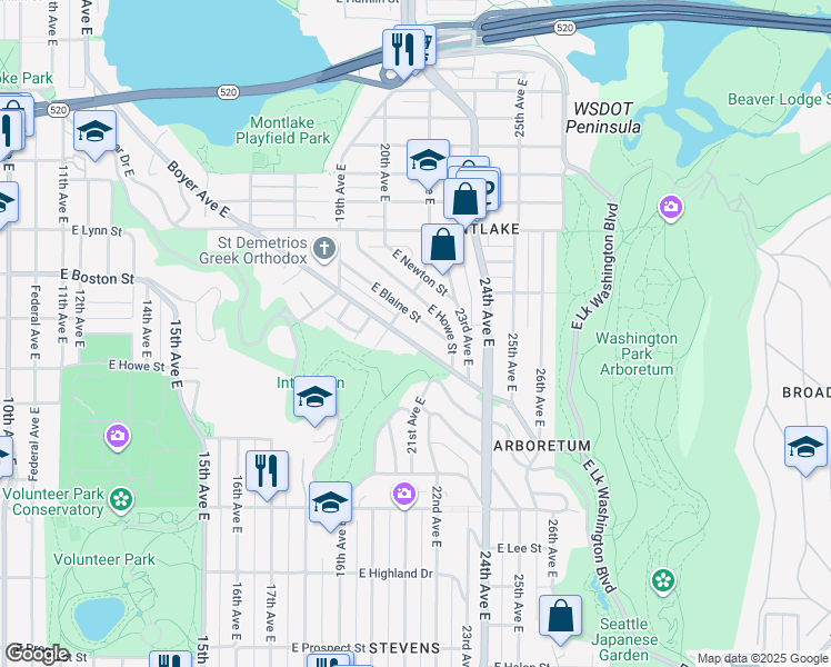 map of restaurants, bars, coffee shops, grocery stores, and more near 2228 East Blaine Street in Seattle