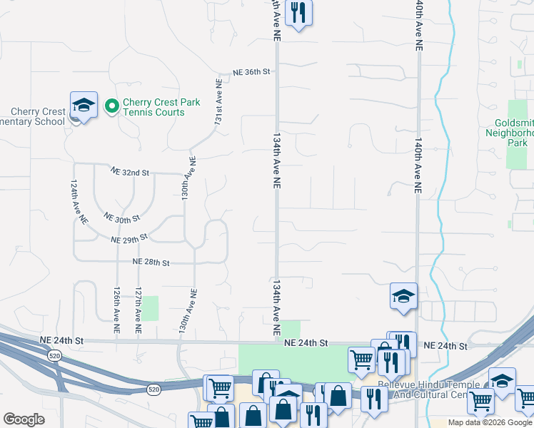 map of restaurants, bars, coffee shops, grocery stores, and more near 2857 134th Avenue Northeast in Bellevue