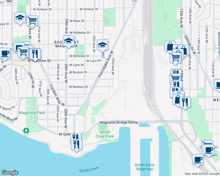map of restaurants, bars, coffee shops, grocery stores, and more near 2311 West Newton Street in Seattle