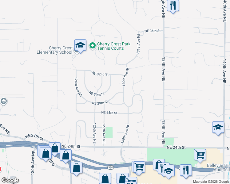 map of restaurants, bars, coffee shops, grocery stores, and more near 2919 129th Avenue Northeast in Bellevue
