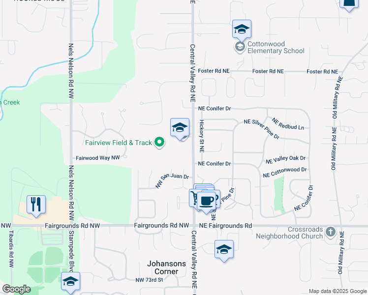 map of restaurants, bars, coffee shops, grocery stores, and more near 8107 Central Valley Road Northeast in Bremerton