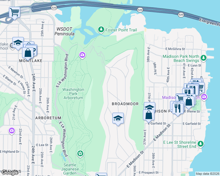 map of restaurants, bars, coffee shops, grocery stores, and more near 2006 Parkside Drive East in Seattle