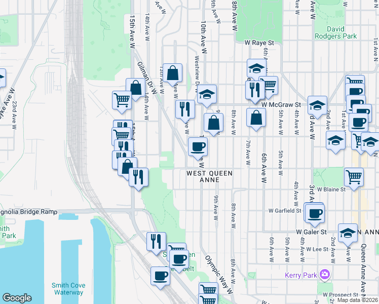 map of restaurants, bars, coffee shops, grocery stores, and more near 1930 11th Avenue West in Seattle
