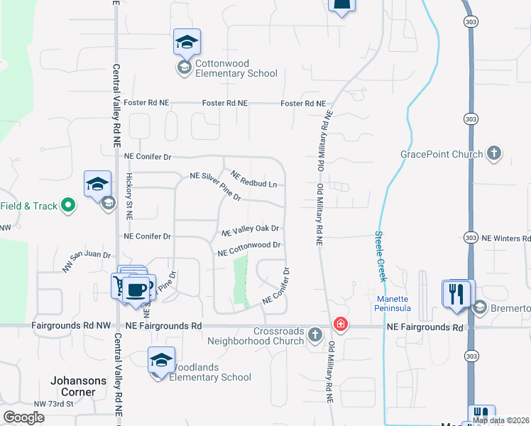map of restaurants, bars, coffee shops, grocery stores, and more near 660 Valley Oak Court Northeast in Bremerton