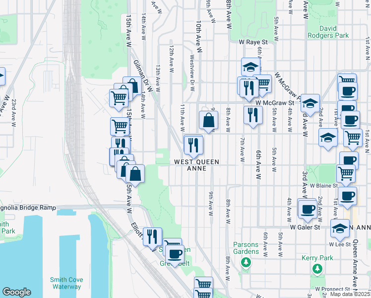 map of restaurants, bars, coffee shops, grocery stores, and more near 1930 11th Avenue West in Seattle