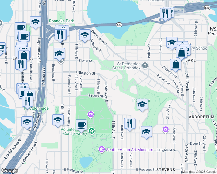 map of restaurants, bars, coffee shops, grocery stores, and more near 1932 15th Avenue East in Seattle