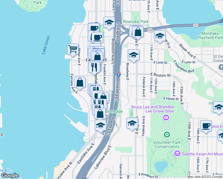 map of restaurants, bars, coffee shops, grocery stores, and more near 2003 Boylston Avenue East in Seattle
