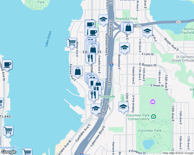 map of restaurants, bars, coffee shops, grocery stores, and more near 2009 Franklin Avenue East in Seattle