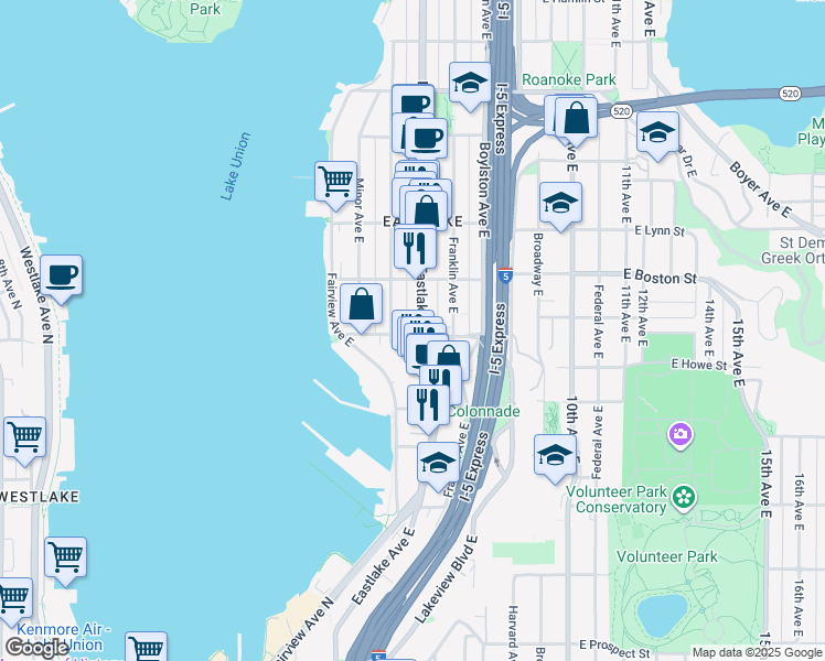 map of restaurants, bars, coffee shops, grocery stores, and more near 104 East Newton Street in Seattle
