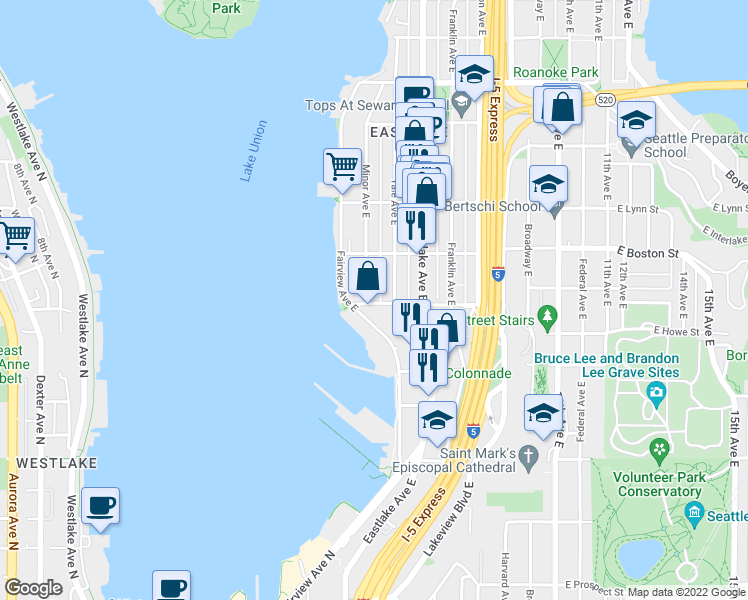 map of restaurants, bars, coffee shops, grocery stores, and more near 2000 Minor Avenue East in Seattle