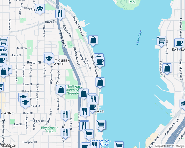 map of restaurants, bars, coffee shops, grocery stores, and more near 2008 8th Avenue North in Seattle