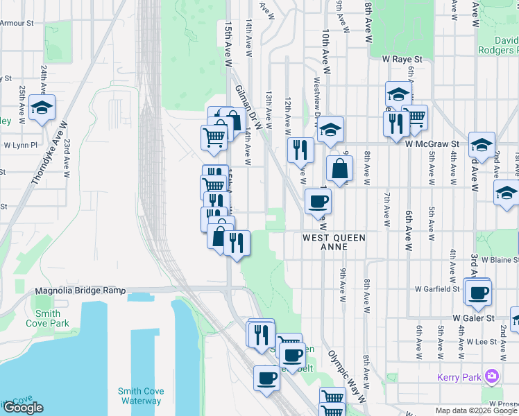 map of restaurants, bars, coffee shops, grocery stores, and more near 2010 14th Avenue West in Seattle