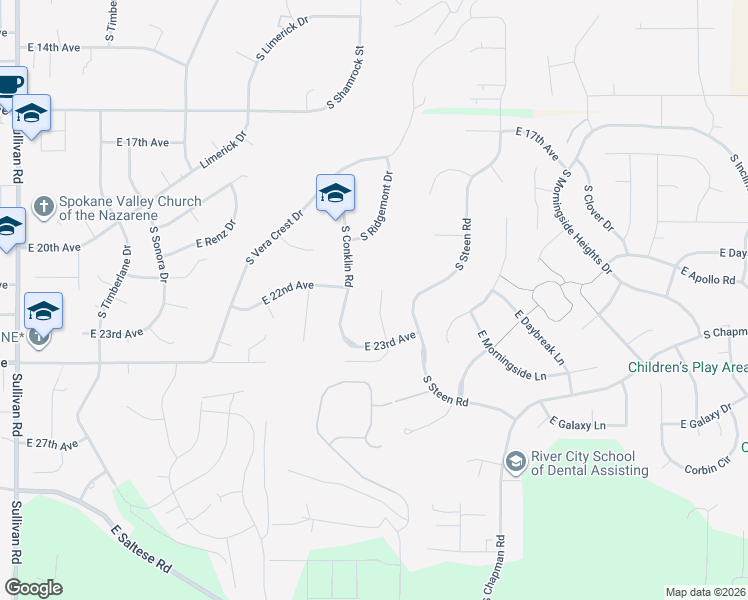 map of restaurants, bars, coffee shops, grocery stores, and more near 2208 South Ridgemont Lane in Spokane Valley