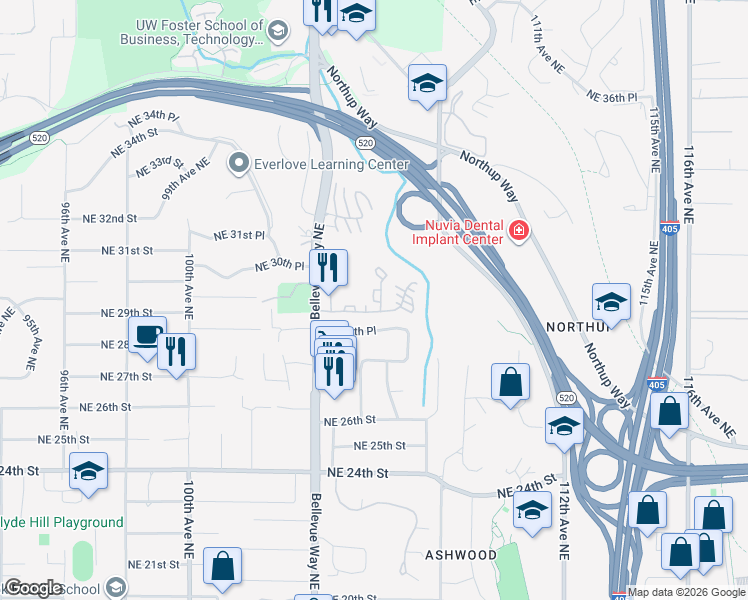 map of restaurants, bars, coffee shops, grocery stores, and more near 10600 Northeast 29th Street in Bellevue