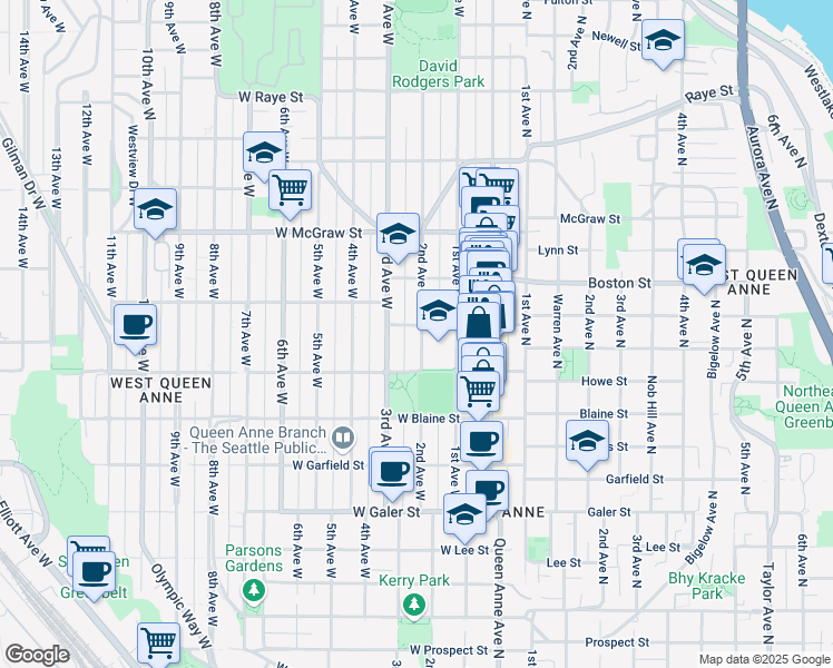 map of restaurants, bars, coffee shops, grocery stores, and more near 203 West Crockett Street in Seattle