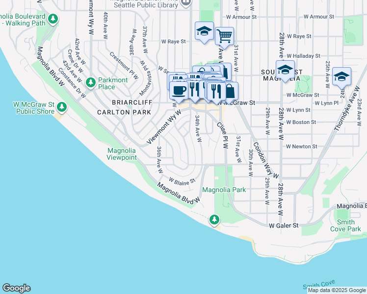 map of restaurants, bars, coffee shops, grocery stores, and more near 1937 35th Avenue West in Seattle