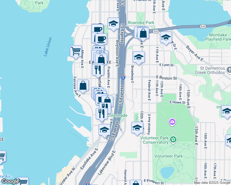 map of restaurants, bars, coffee shops, grocery stores, and more near 2003 Boylston Avenue East in Seattle