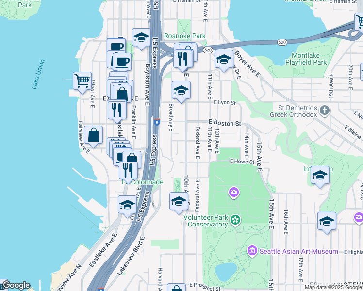map of restaurants, bars, coffee shops, grocery stores, and more near 1935 10th Avenue East in Seattle