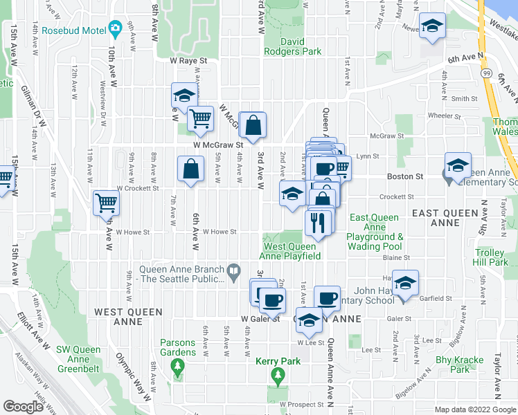 map of restaurants, bars, coffee shops, grocery stores, and more near 1933 3rd Avenue West in Seattle