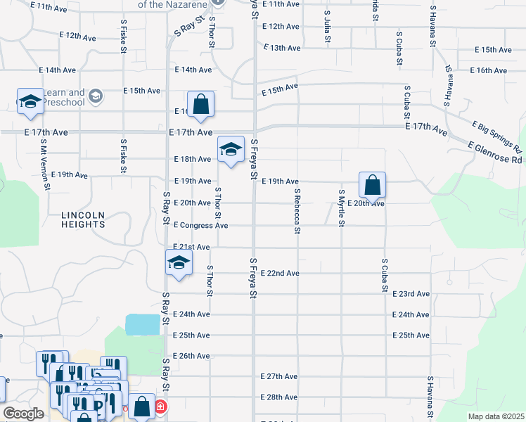 map of restaurants, bars, coffee shops, grocery stores, and more near 3608 East 20th Avenue in Spokane