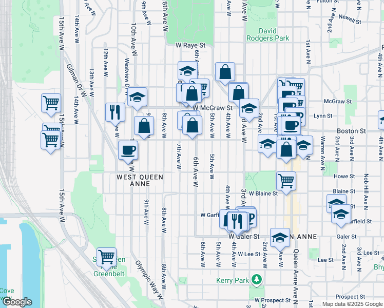 map of restaurants, bars, coffee shops, grocery stores, and more near 1935 6th Avenue West in Seattle