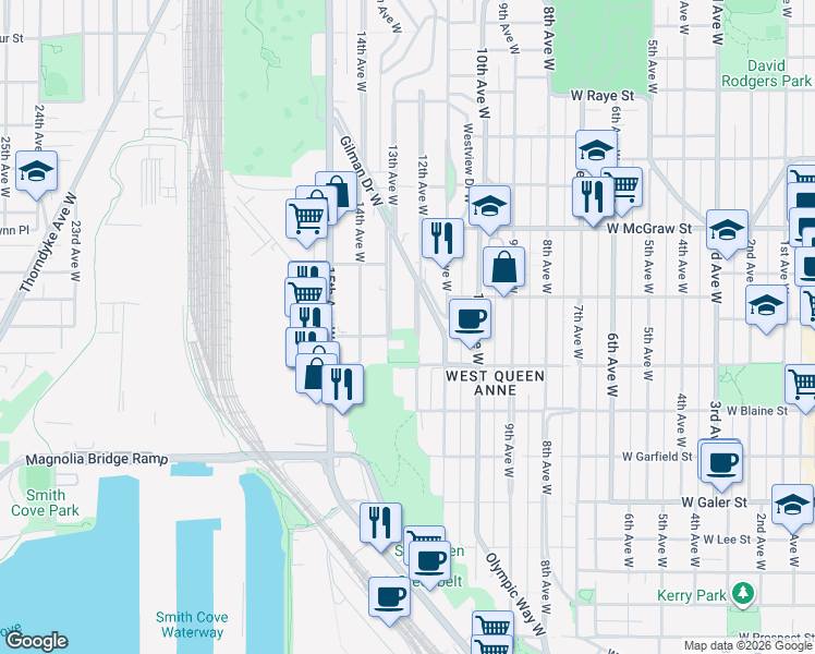 map of restaurants, bars, coffee shops, grocery stores, and more near 1933 12th Avenue West in Seattle