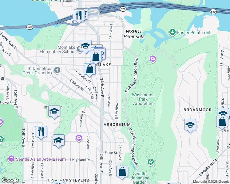 map of restaurants, bars, coffee shops, grocery stores, and more near 1941 26th Avenue East in Seattle