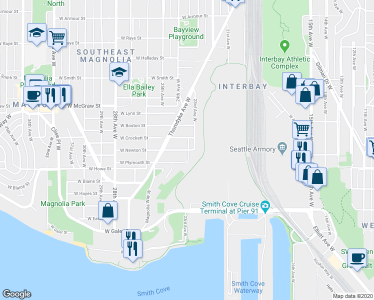 map of restaurants, bars, coffee shops, grocery stores, and more near 2305 W Newton St in Seattle