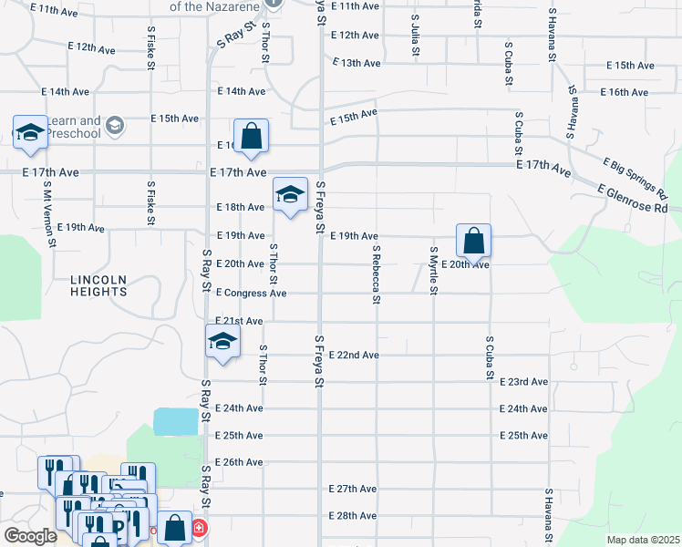 map of restaurants, bars, coffee shops, grocery stores, and more near 3608 East 20th Avenue in Spokane