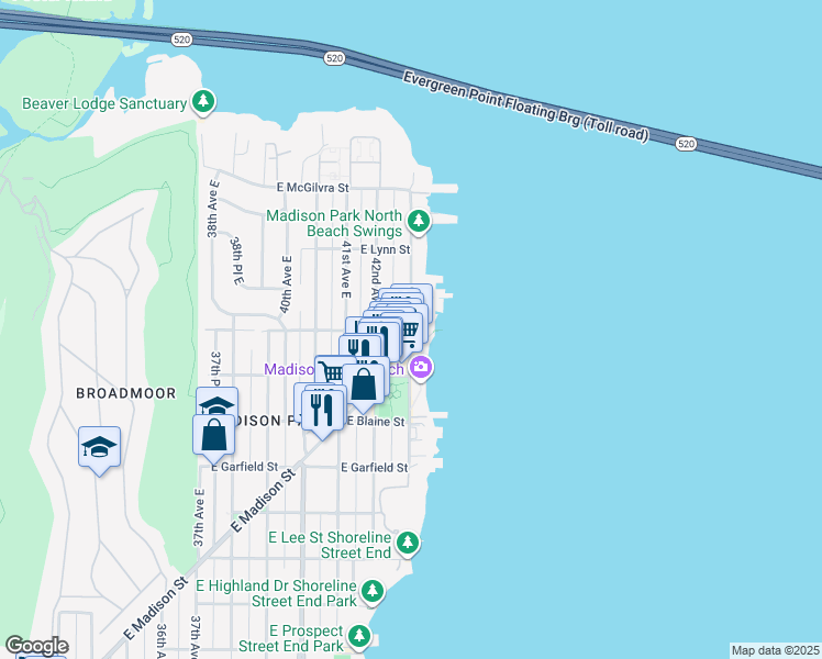 map of restaurants, bars, coffee shops, grocery stores, and more near 1938 43rd Avenue East in Seattle