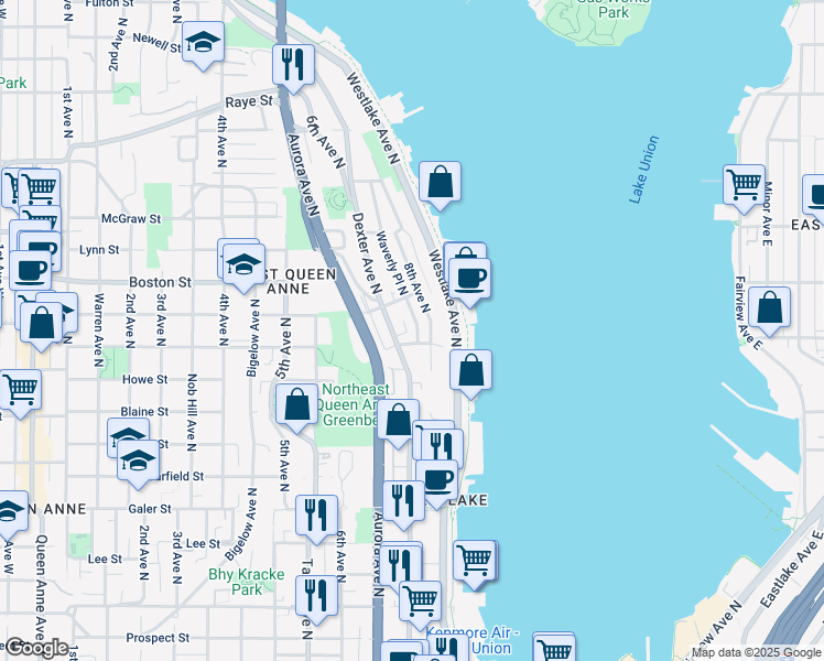 map of restaurants, bars, coffee shops, grocery stores, and more near 2008 8th Avenue North in Seattle