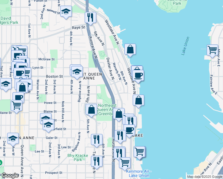 map of restaurants, bars, coffee shops, grocery stores, and more near 1941 Aurora Avenue North in Seattle