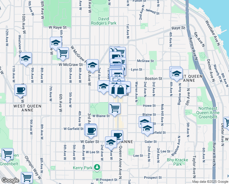 map of restaurants, bars, coffee shops, grocery stores, and more near 1925 Queen Anne Avenue North in Seattle