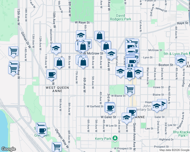 map of restaurants, bars, coffee shops, grocery stores, and more near 1935 5th Avenue West in Seattle