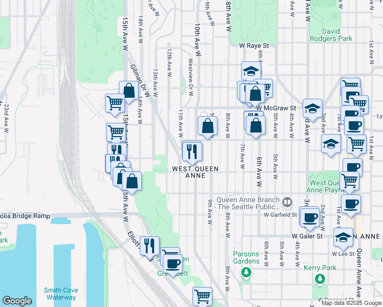 map of restaurants, bars, coffee shops, grocery stores, and more near 1934 10th Avenue West in Seattle
